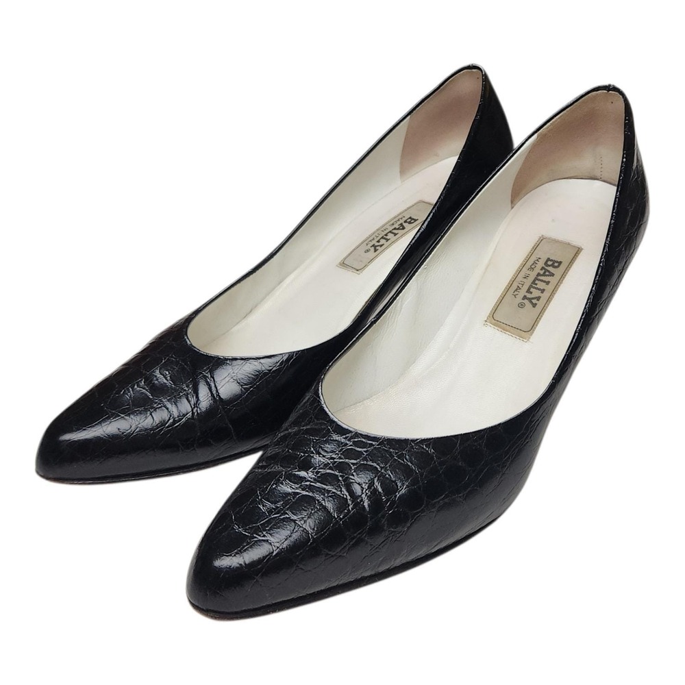 Vintage BALLY Black Croc Embossed Leather Pumps Pointed Toe Kitten Heel 10B
